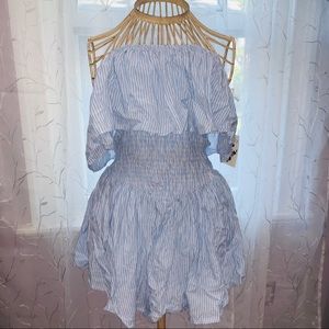 Blue and white striped strapless romper dress